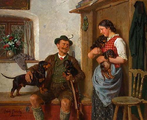 unknow artist Die Dackelfamilie mit Jager und Magd oil painting picture